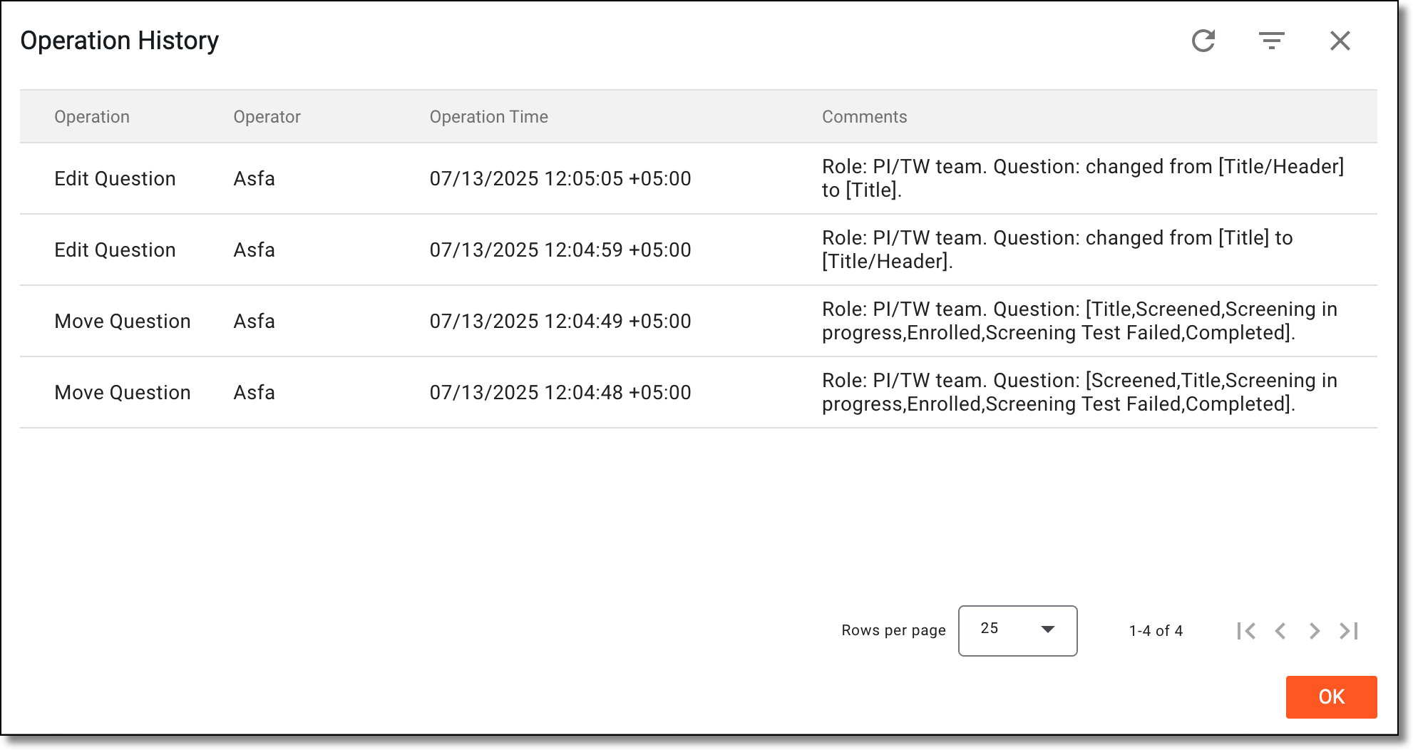 Analyzing operation history of grid form column