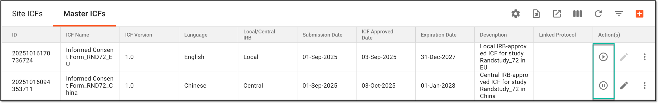 Selecting to activate or inactivate master ICF listing record