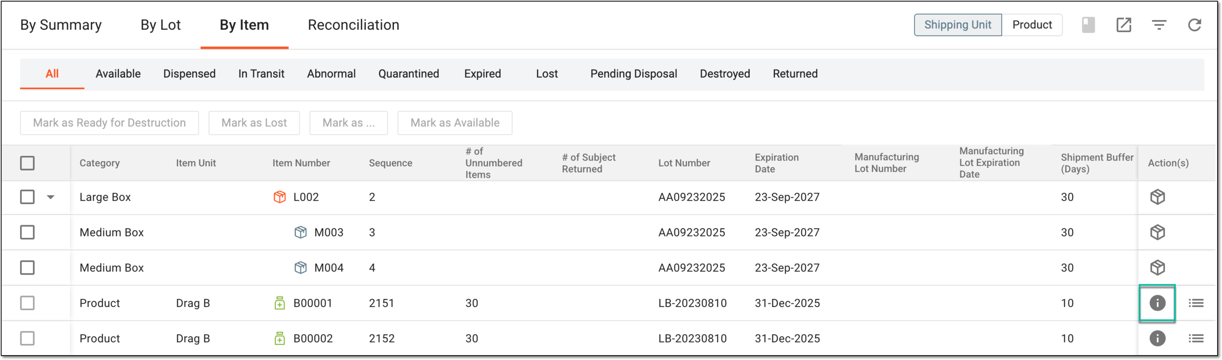 Selecting option to access item information