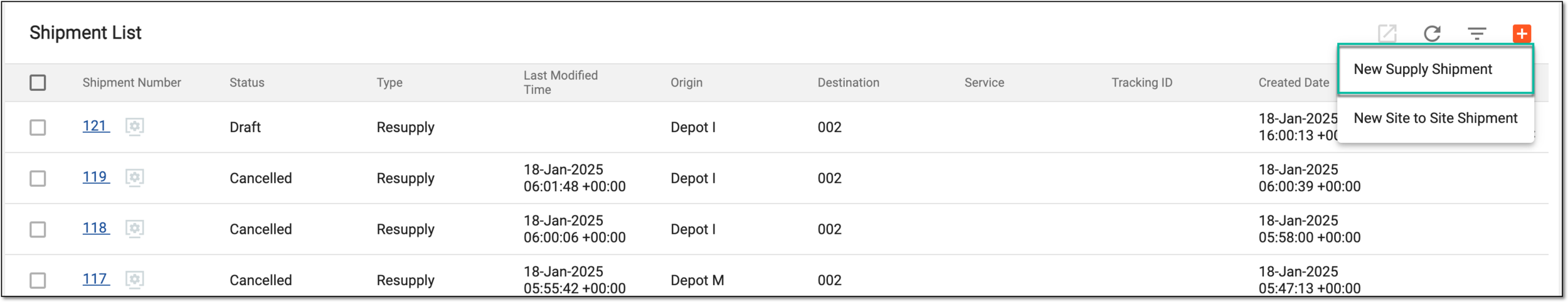 Creating new supply shipment