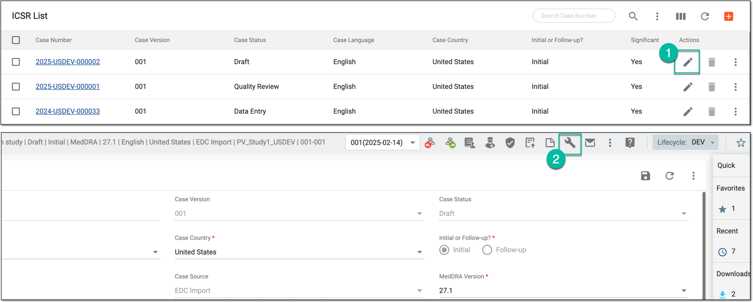Accessing action items from case report page