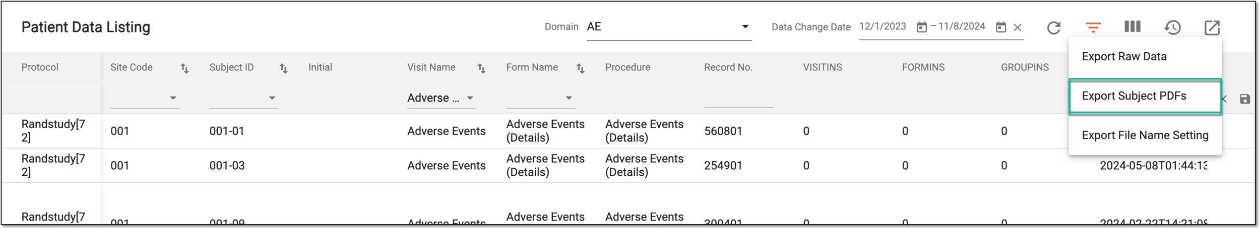 Selecting to export subject PDFs