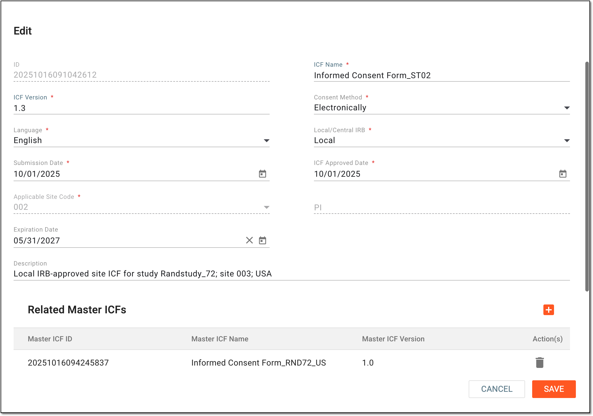 Editing site ICF listing record details