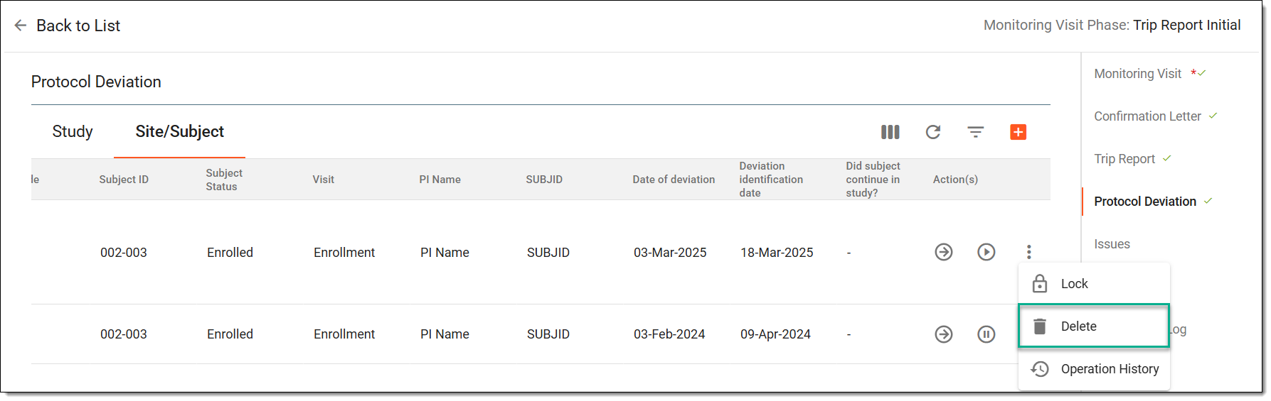 Deleting protocol deviation report from monitoring visit