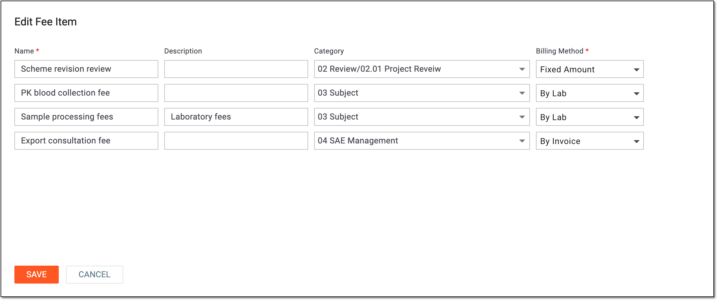 Editing fee item details