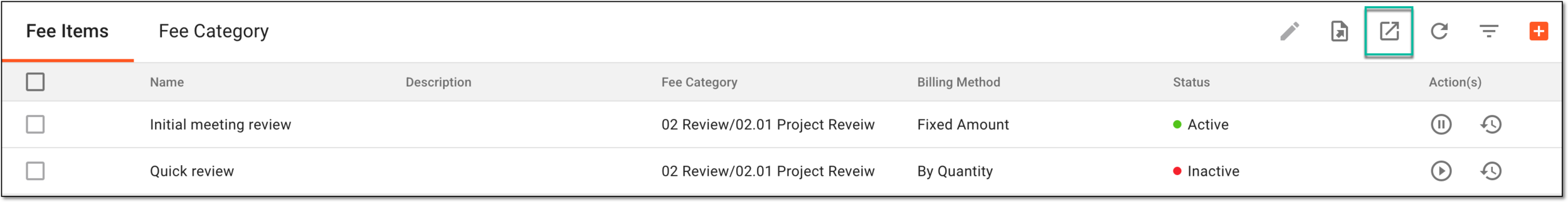 Selecting option to export fee item list