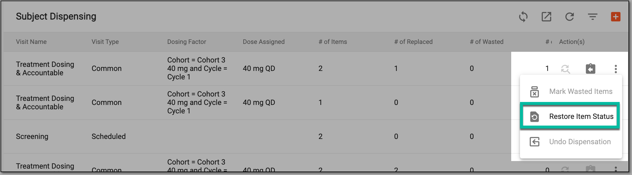 Selecting restore item status
