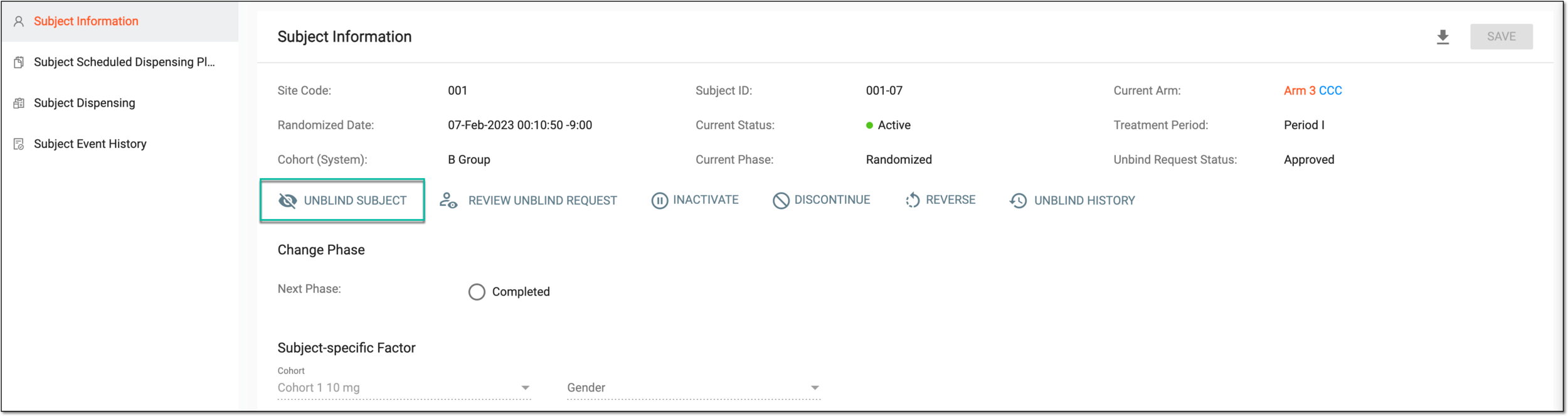 Selecting option to unblind subject