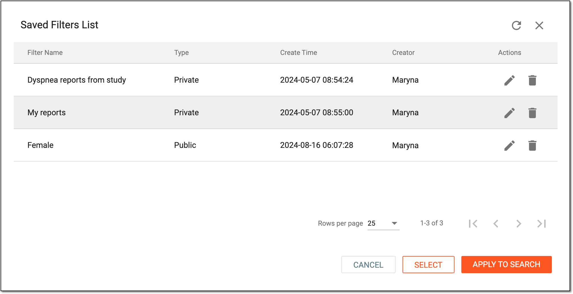 Selecting saved filter