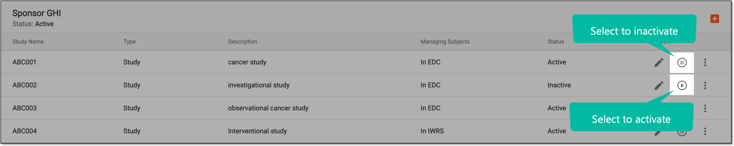 Selecting to activate/inactivate study