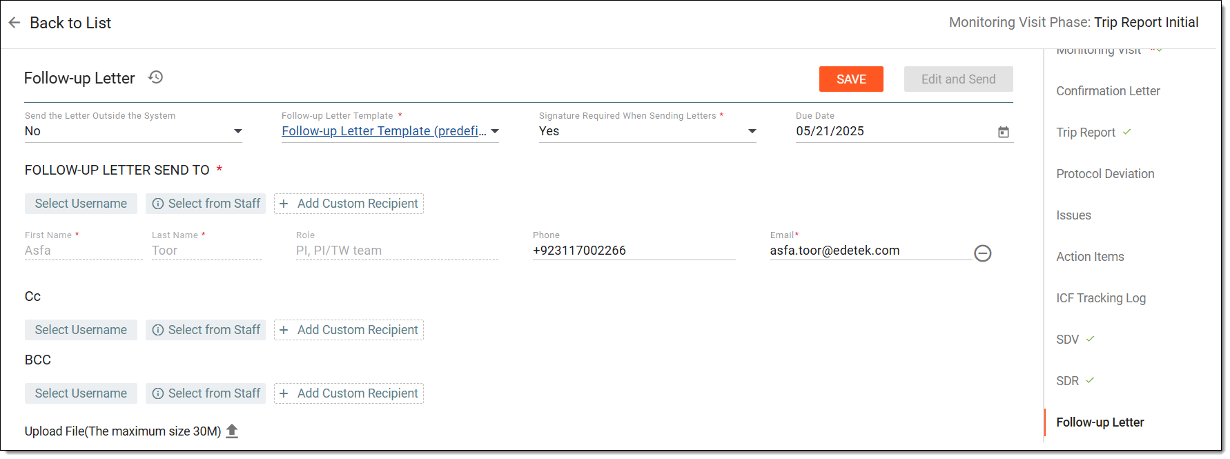 Configuring follow-up letter email