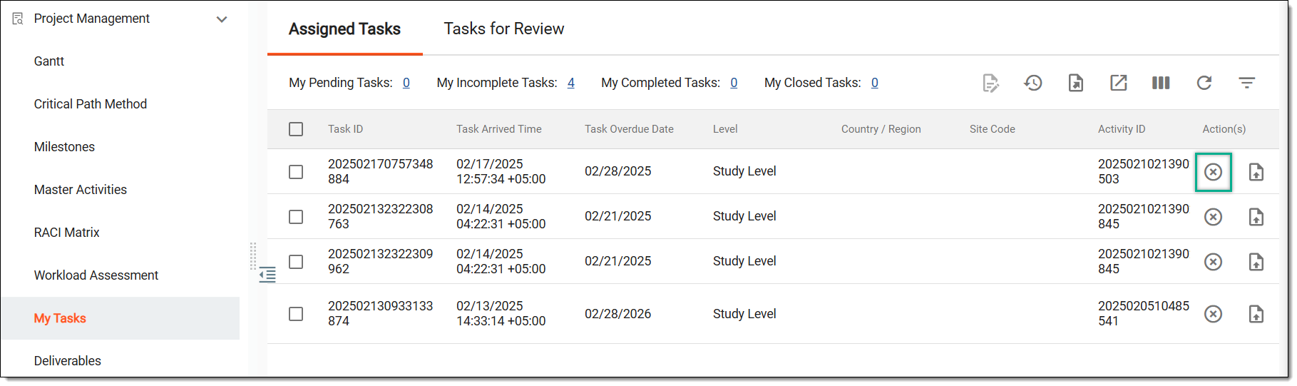 Selecting option to close task