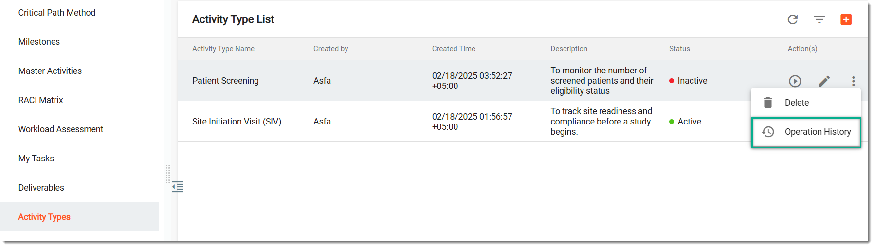 Accessing operation history of activity type