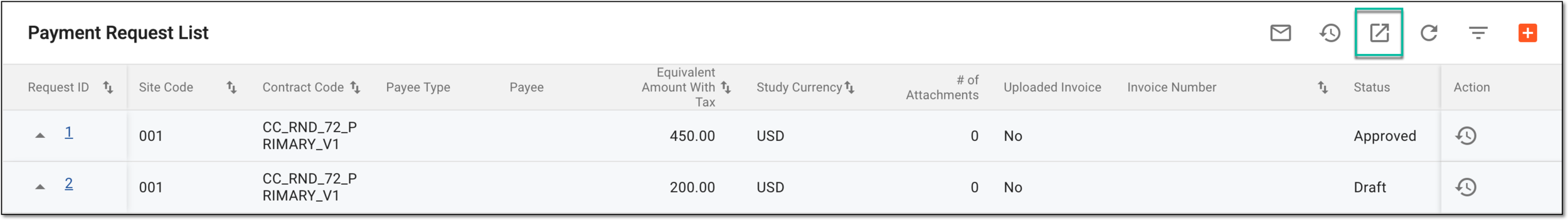 Selecting option to export payment request list