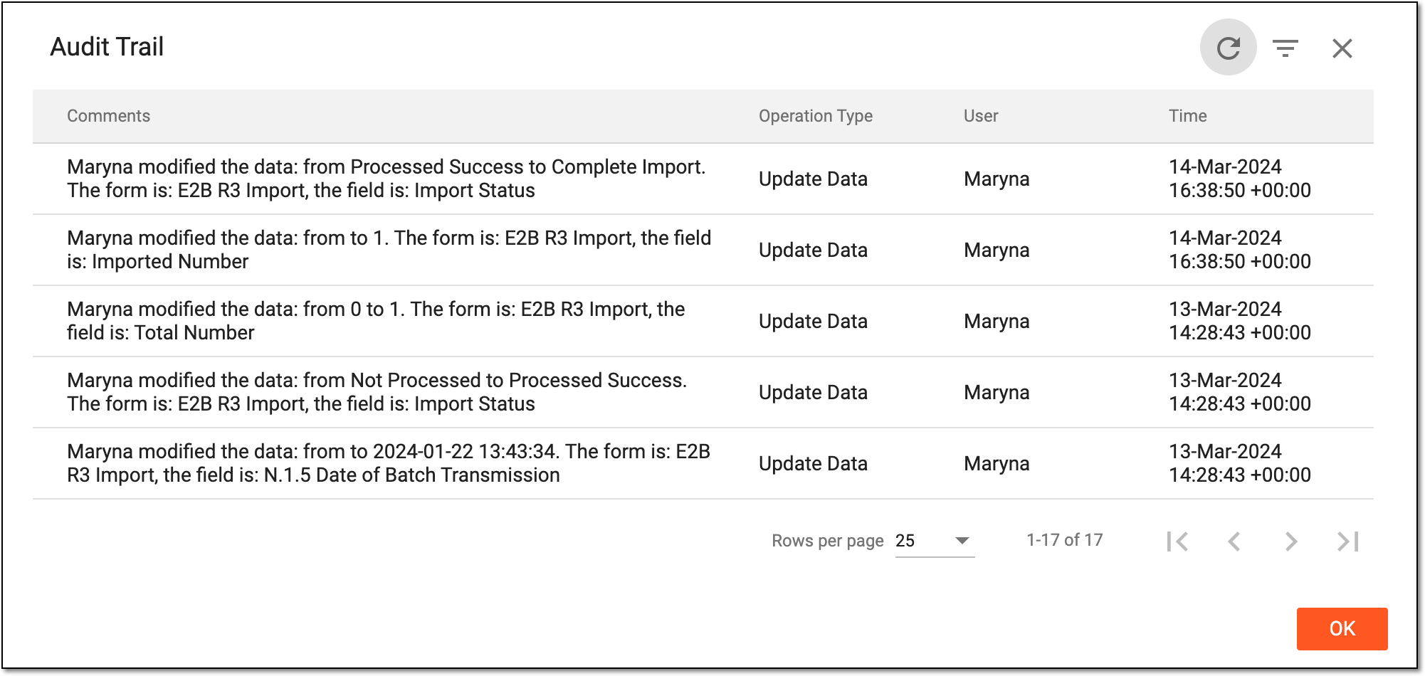 Viewing import data audit trail
