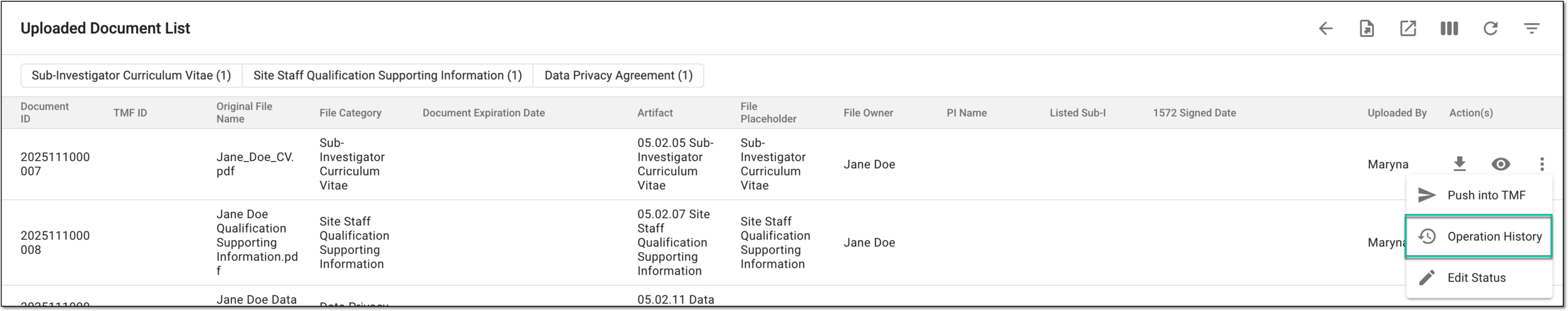 Accessing operation history for site personnel document