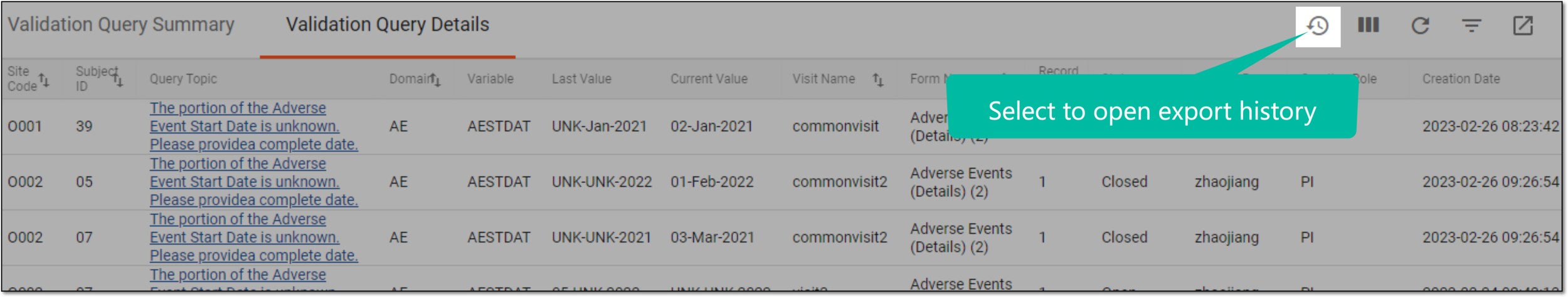 Opening export history