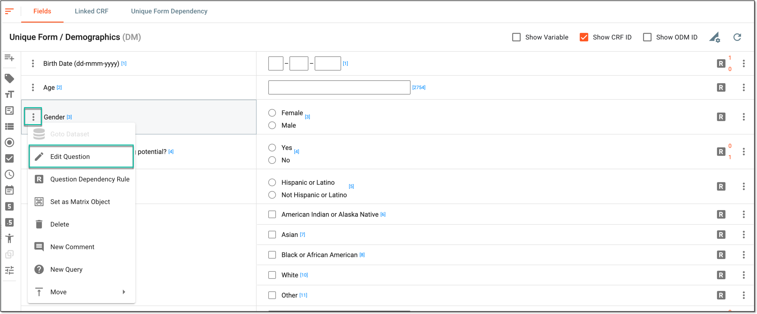 Selecting option to edit question