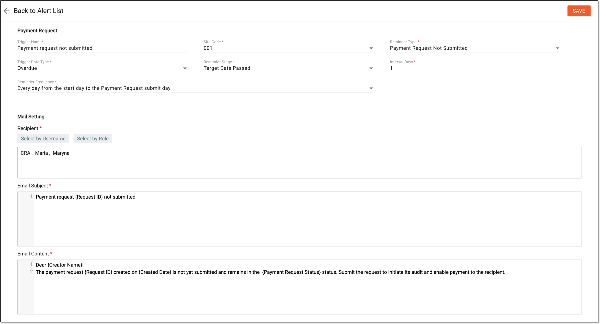 Configuring payment request alert