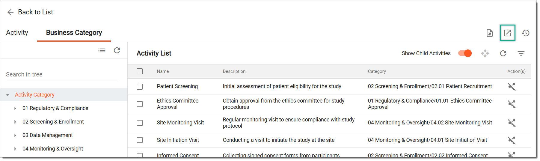 Selecting option to export activity-category association