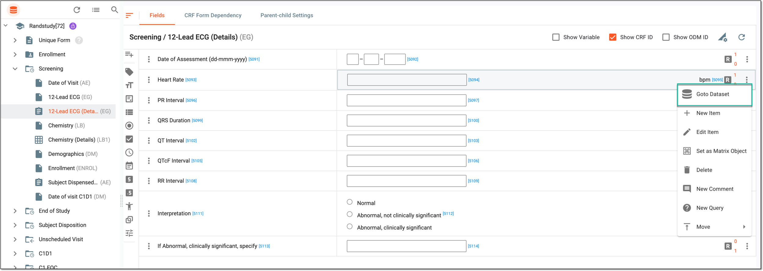 Selecting option to go to dataset