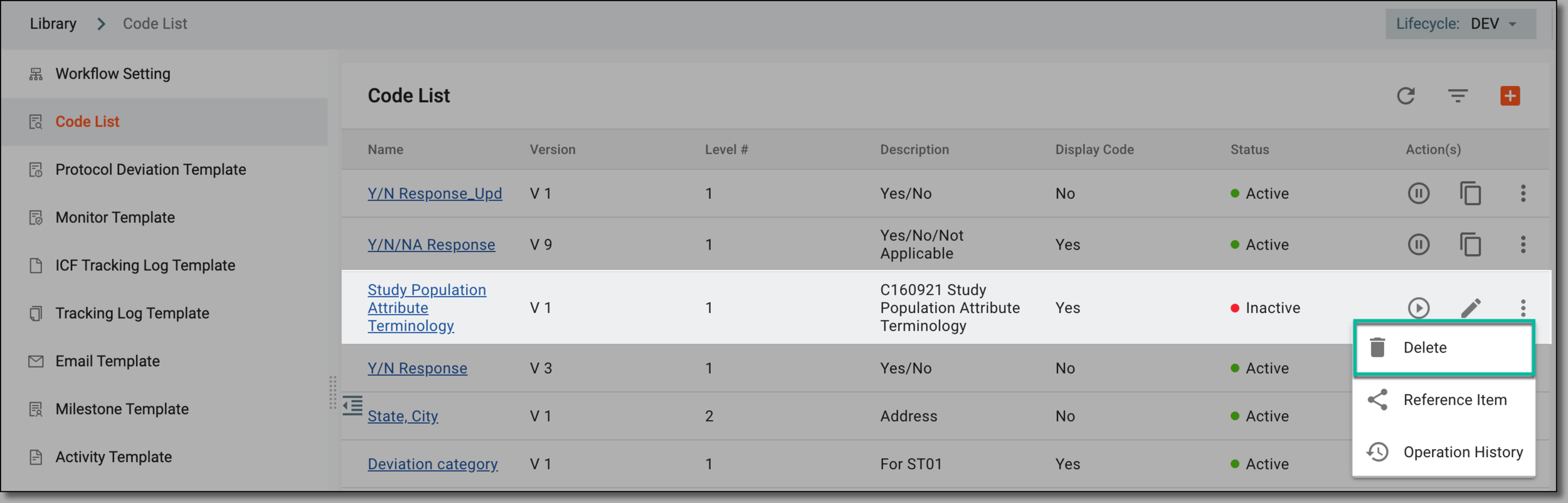 Selecting to delete code list