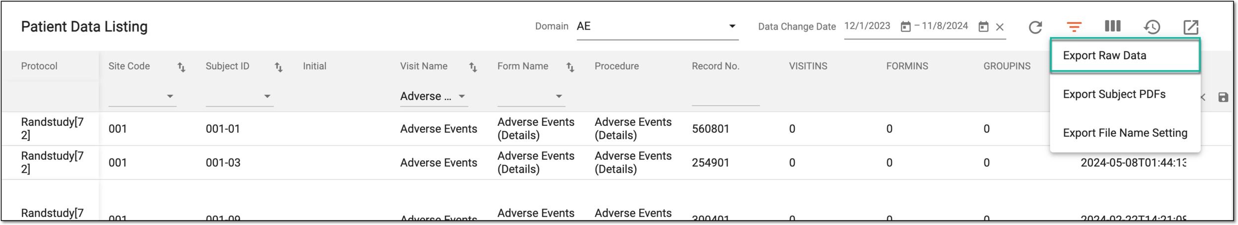 Selecting raw data export options