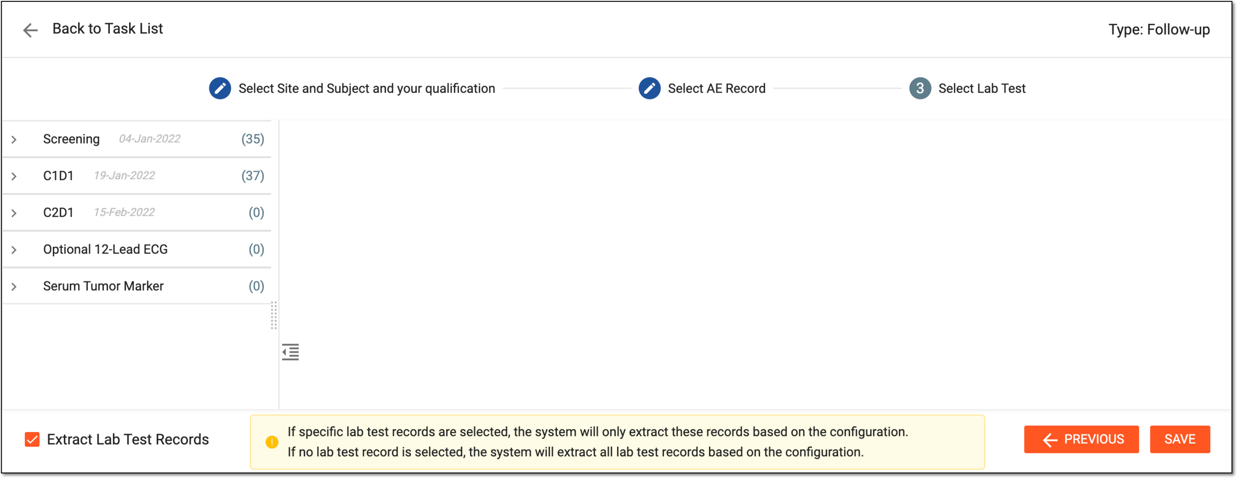Selecting lab tests to extract data