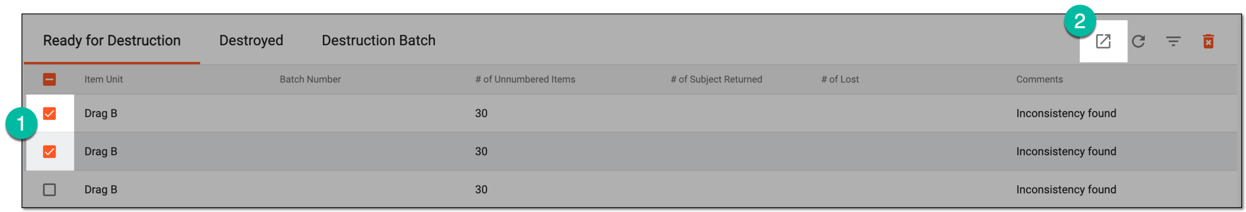 Exporting selective records of ready for destruction items