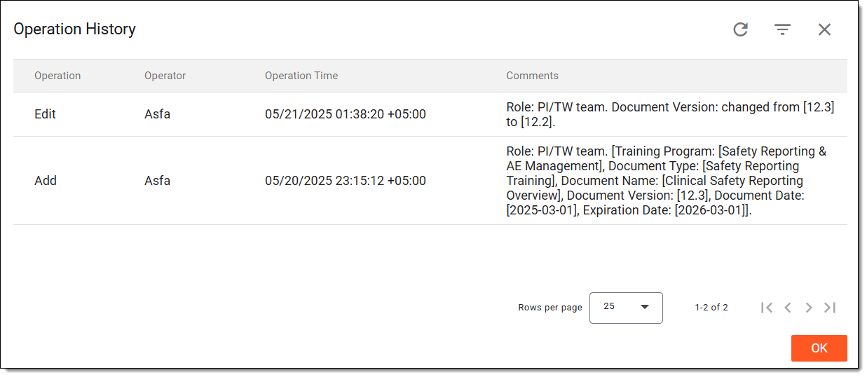 Analyzing training document operation history