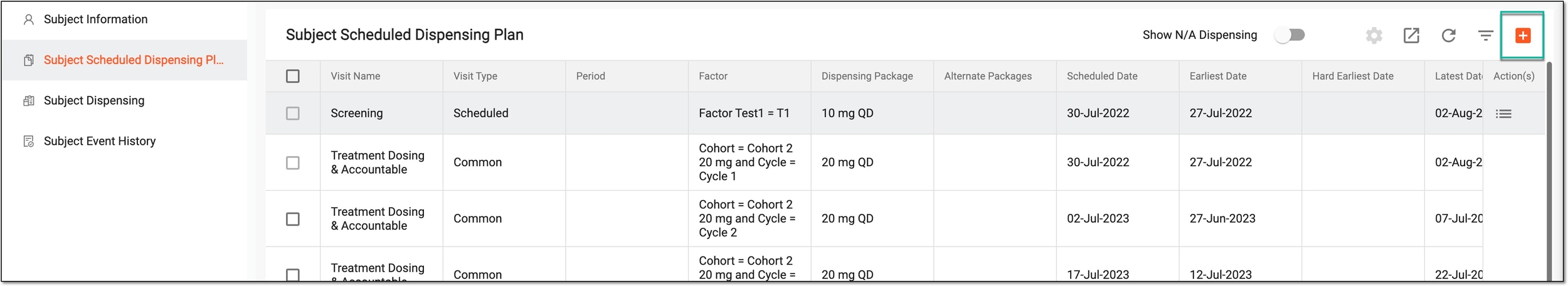 Adding new visit to subject dispensing plan