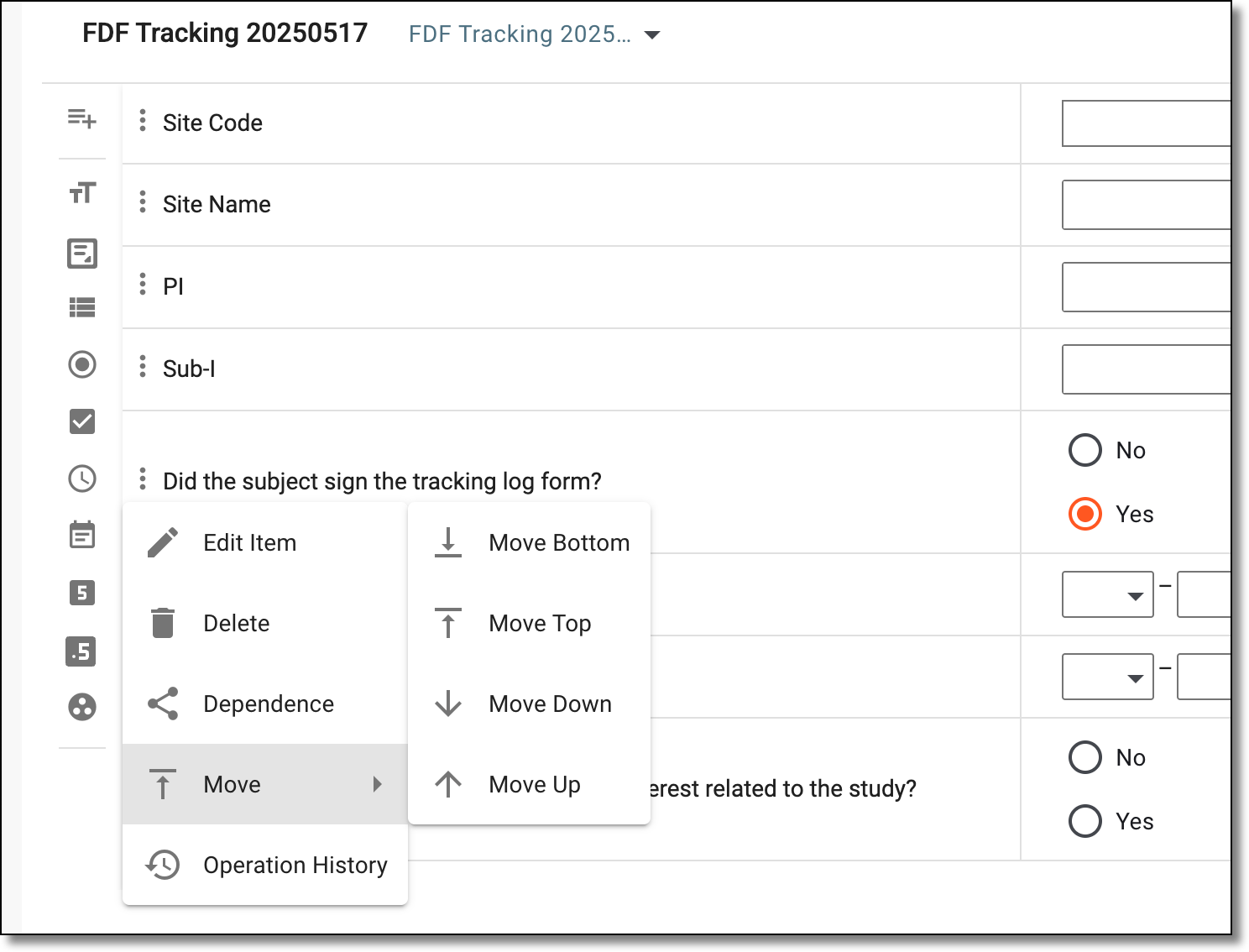 Selecting option to move question