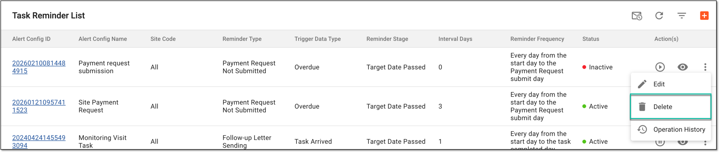 Selecting option to delete task reminder