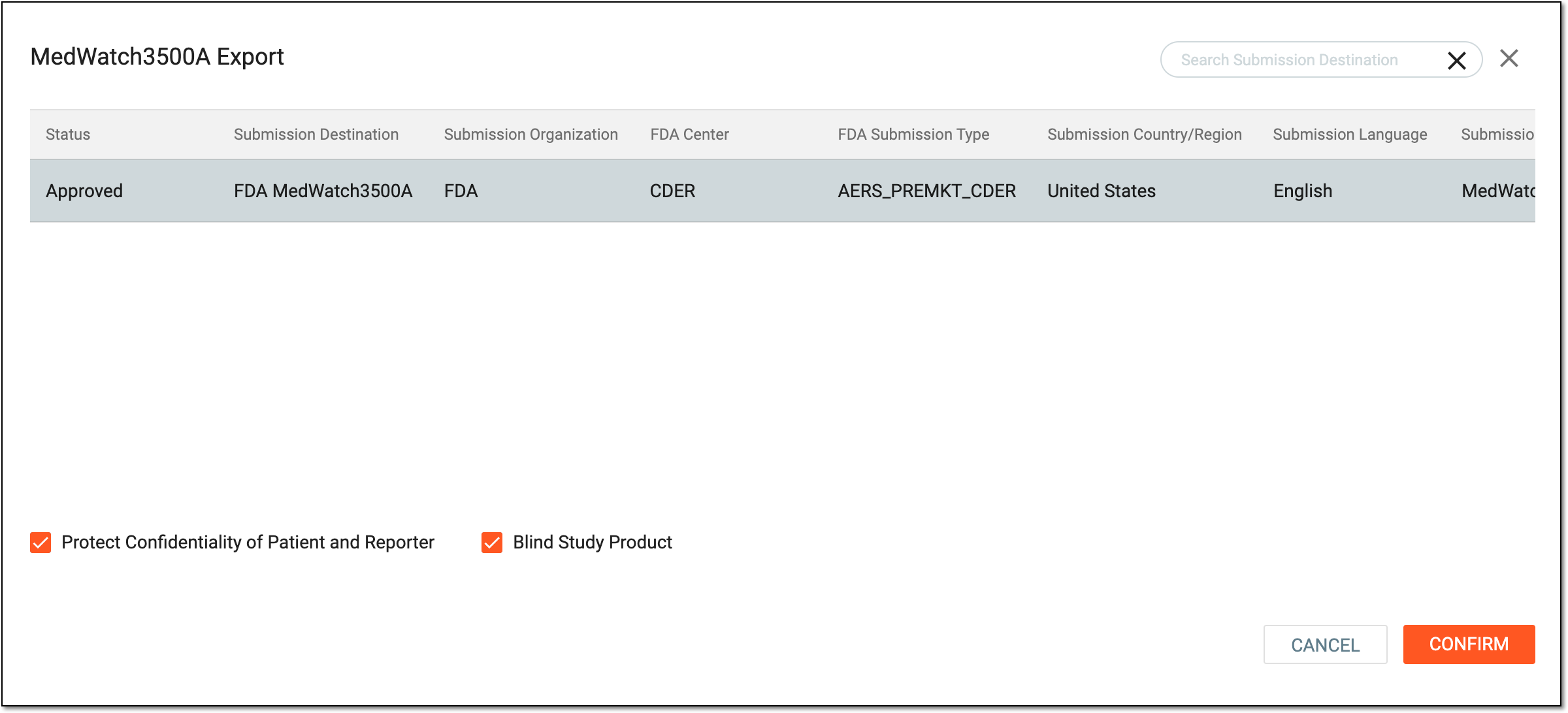 Selecting MedWatch3500A report to export