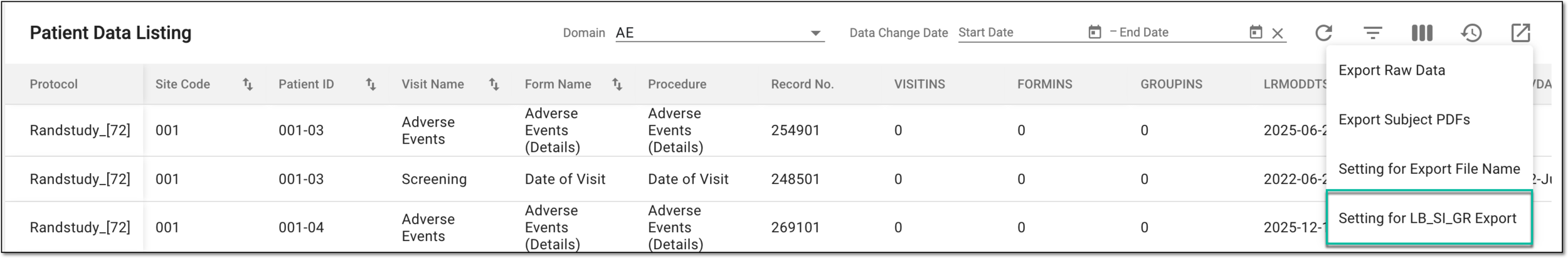 Accessing lab data export setting