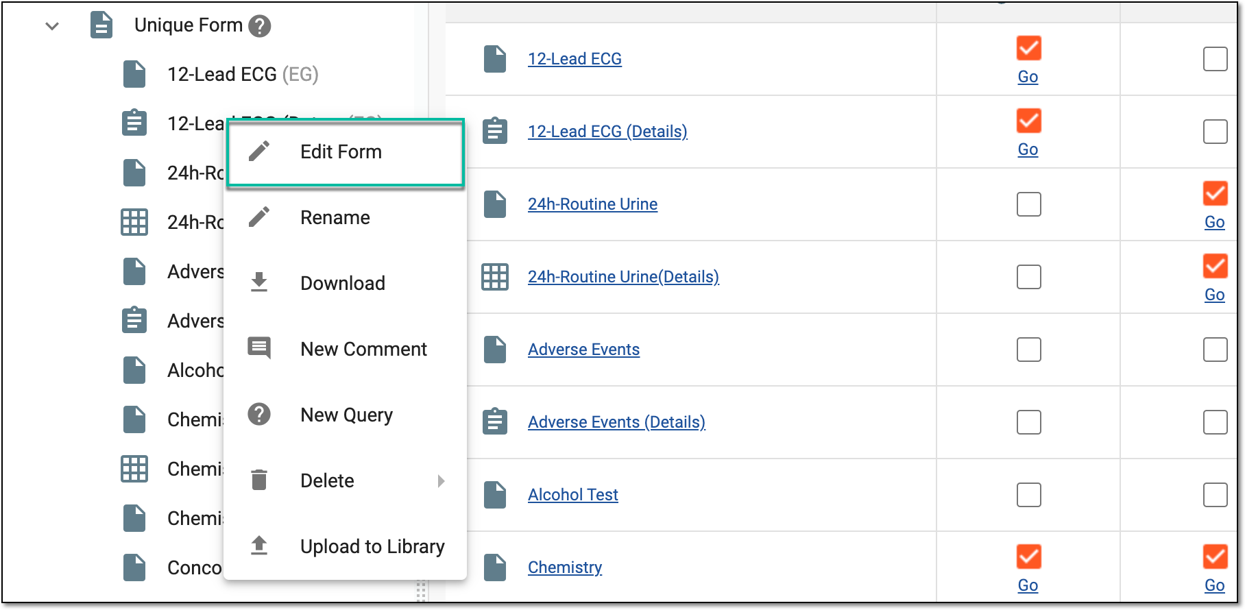 Selecting to edit unique form