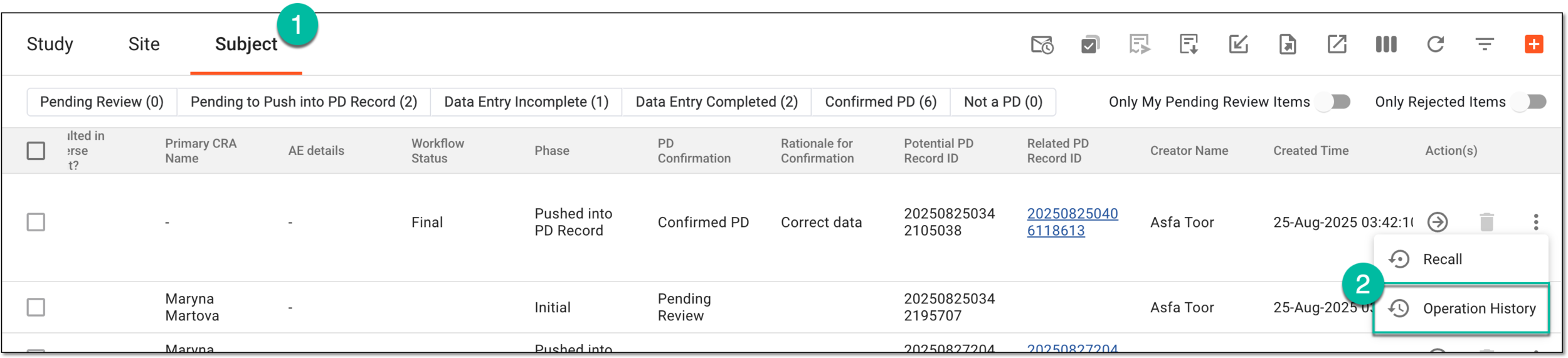Accessing operation history of potential PD