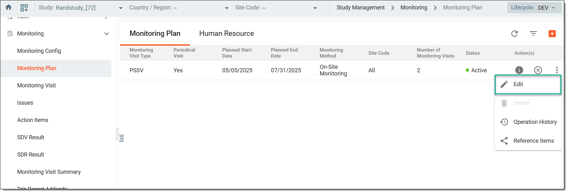 Accessing option to edit monitoring plan