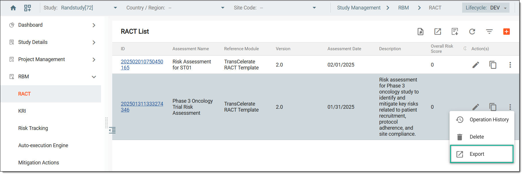 Selecting option to export risk assessment