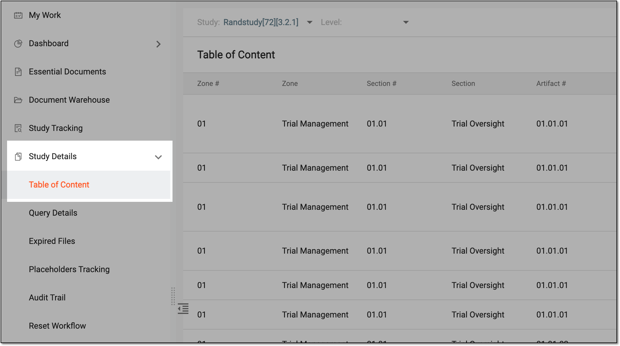 Accessing study table of contents