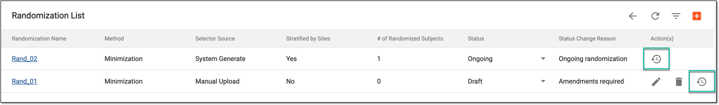 Selecting to view randomization scheme history