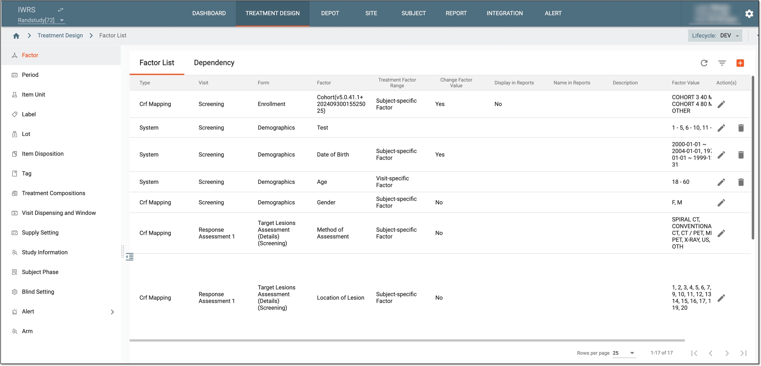 Factor list table