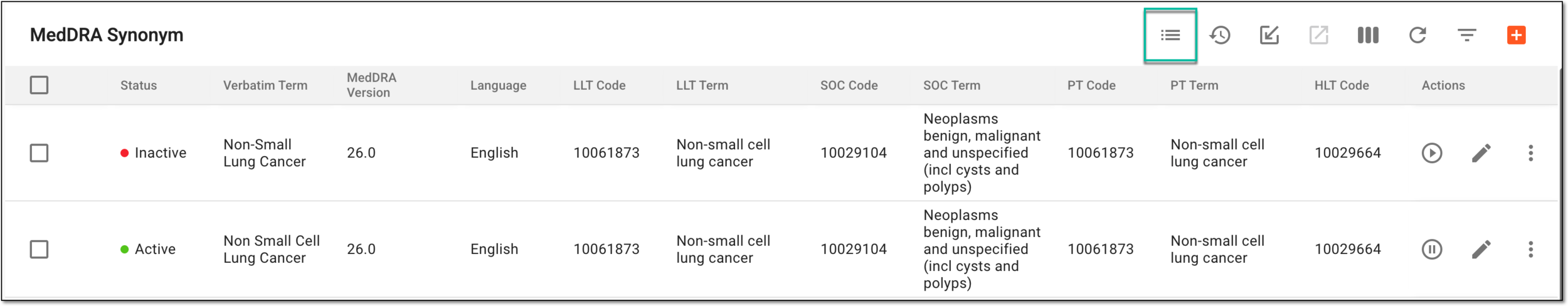 Selecting to view MedDRA synonym list audit trail