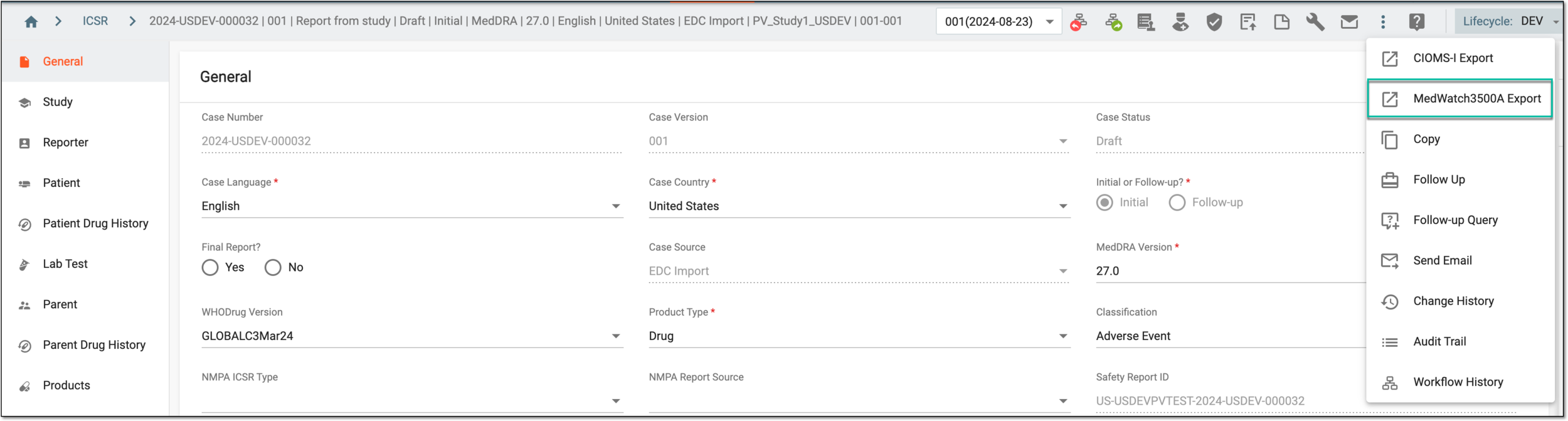 Exporting MedWatch3500A from ICSR details