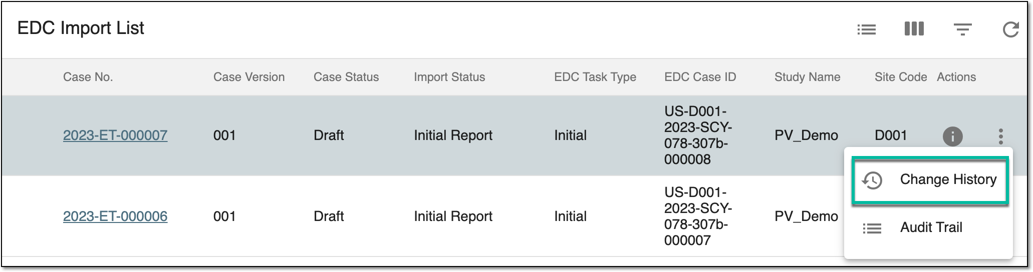 Selecting to view safety data change history
