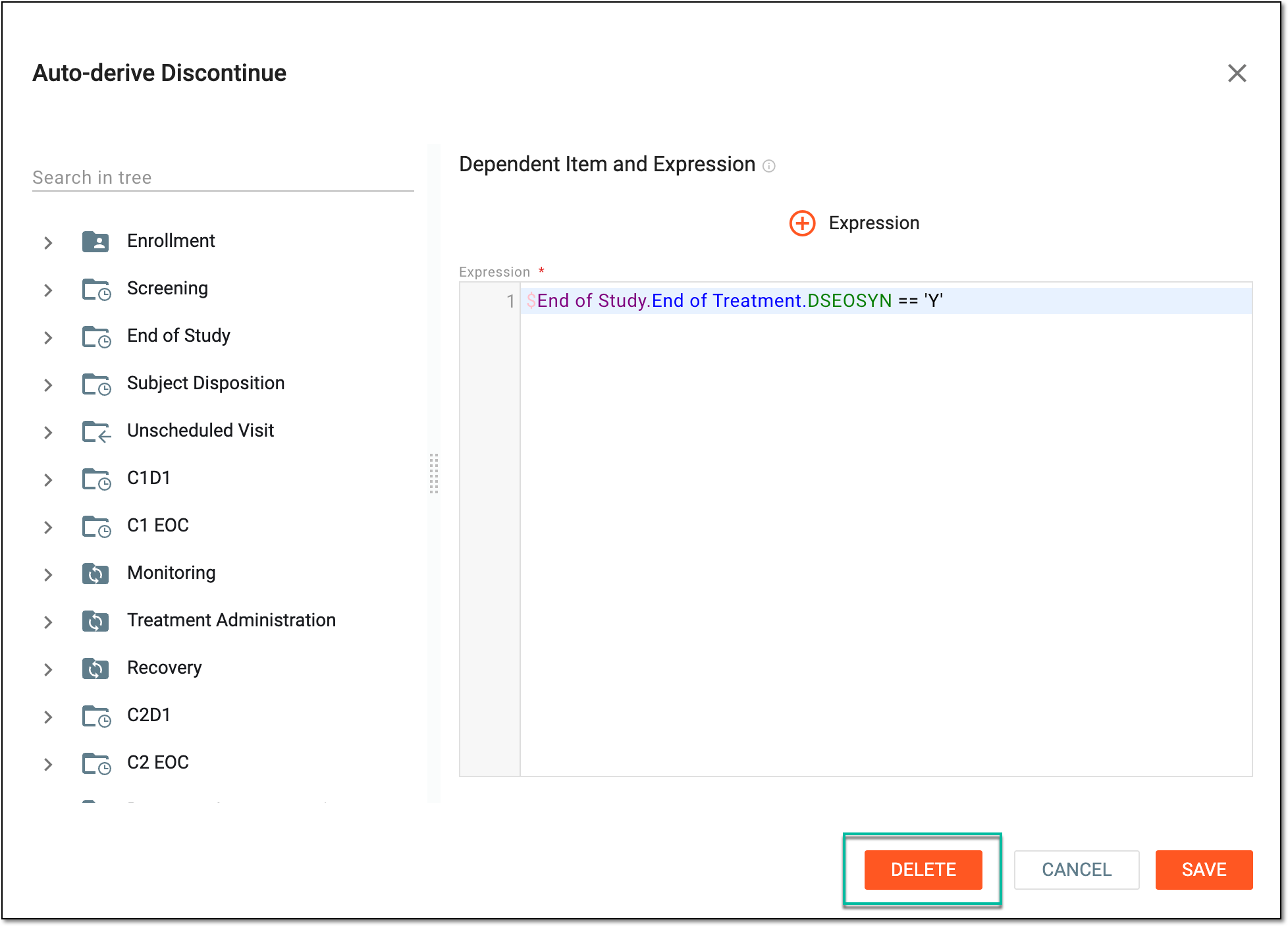 Selecting to delete subject discontinuation rule