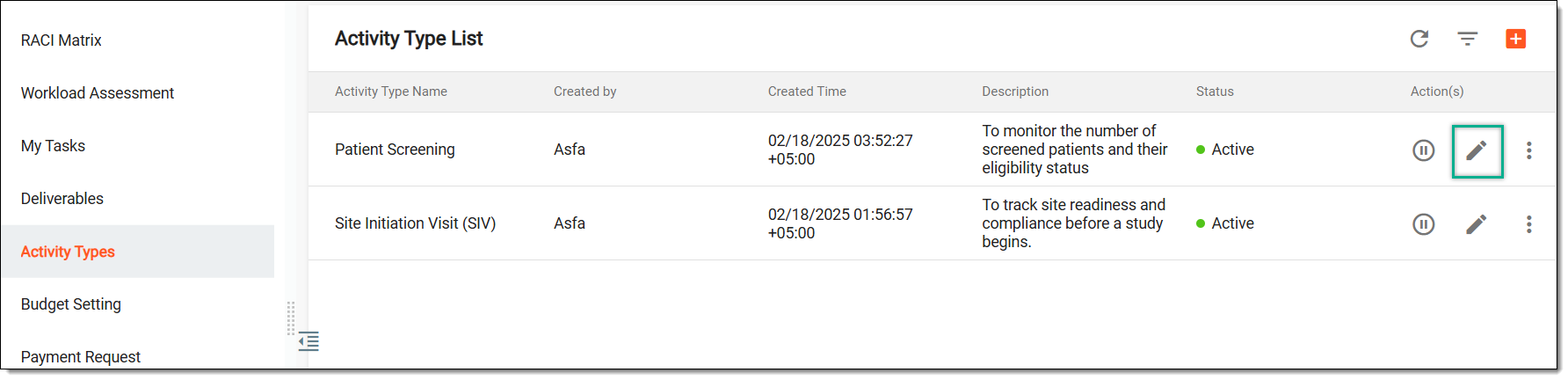 Selecting option to update activity type