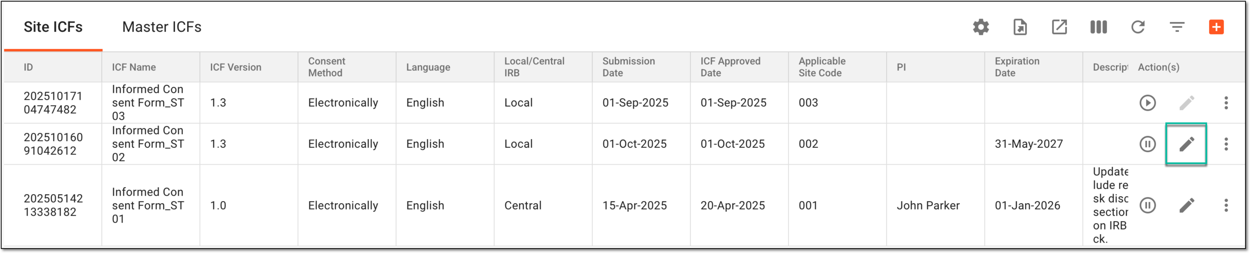 Selecting to edit site ICF listing record