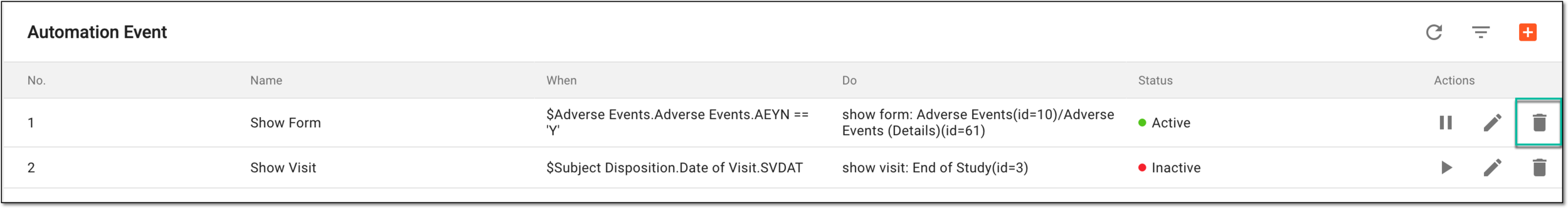 Selecting option to delete automation event