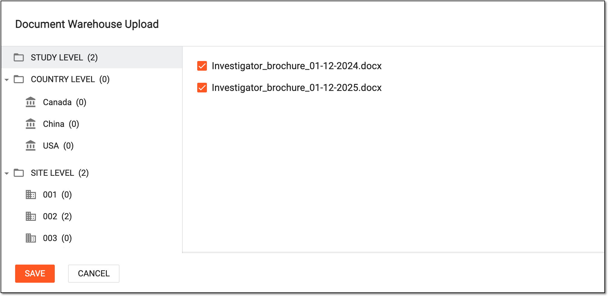 Uploading files from document warehouse